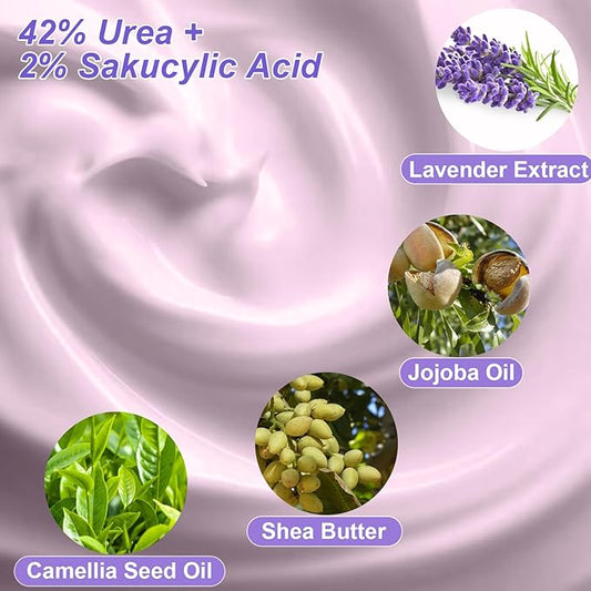 2 Packs Urea Cream 42% Plus Salicylic Acid 2%, 7.06Oz Lavender Foot Cream for Dry Cracked Heels Treatment Knees Elbows Hands Repair Treatment, Callus Remover for Feet, Foot Lotion for Dry Cracked Feet