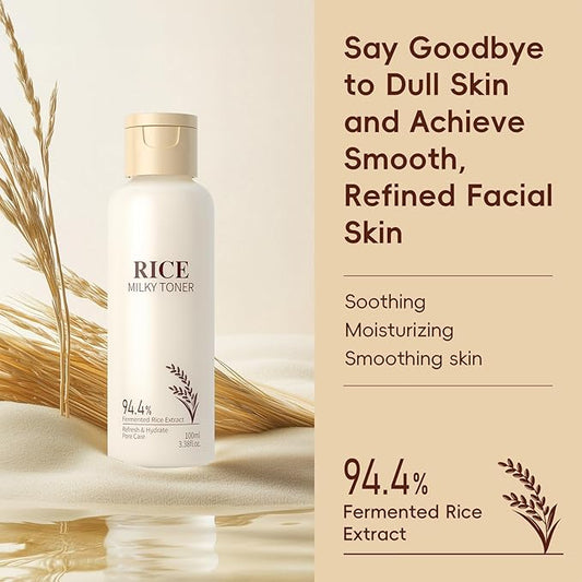 Rice Toner Korean Face Hydrating for Glowing Skin, 100ml Lightweight Non-Sticky Rice Essence Toner for All Skin Types, Deep Moisture & Brightening