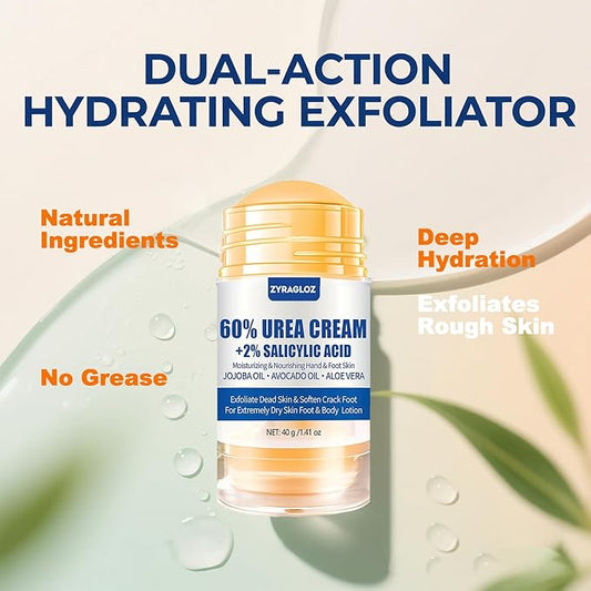 Urea Cream Stick 60% plus Salicylic Acid 2%, Maximum Strength Urea Foot Cream for Dry Cracked Heels, Feet Callus Remover, Hands Knees Exfoliating Dead Skin, Softening Skin Moisturizer Lotion