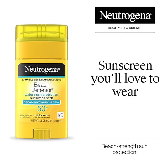 Neutrogena Beach Defense Sunscreen Stick SPF 50, Hands-Free Application, Hawaii Reef Act 104 Compliant, Octinoxate & Oxybenzone Free, Sunscreen for Face & Body, Travel Size, 1.5 oz
