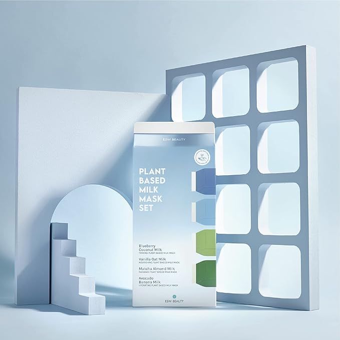 ESW Beauty Plant-Based Milk Face Masks - 8-Pack Skincare Set - Hydrating, Radiance, Firming & Soothing with Avocado, Matcha, Blueberry, Vanilla & Oat Extracts for All Skin Types