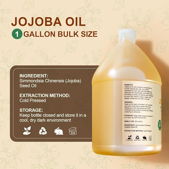 Yoken 1 Gallon Jojoba Oil EWG Verified - 100% Pure Jojoba Oils Bulk Cold Pressed Unrefined Hexane Free Virgin Golden jojoba Carrier Oil for Hair Skin Massage DIY Natural Body Moisturizer