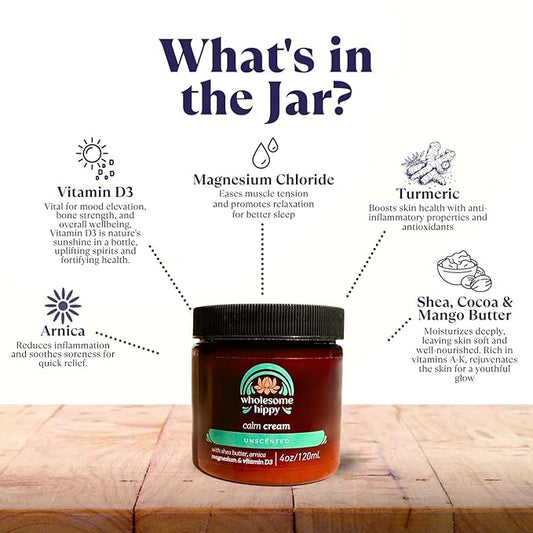 WHOLESOME HIPPY Calm Cream – Unscented Body Butter with Magnesium, Vitamin D3, Shea, Arnica & Turmeric – Vegan Hydrating Moisturizer for Sensitive Skin & Self-Care – 4oz