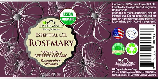 US Organic 100% Pure Rosemary Essential Oil, USDA Certified Organic 100% Pure, Steam Distilled, for Hair Growth, Scalp, Face, Skin, and Aromatherapy (Size Variations Available) (30 ml)
