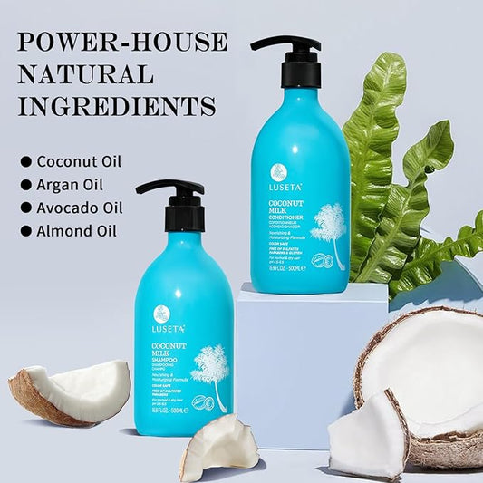 L LUSETA Coconut Milk Shampoo & Conditioner, Nourishing & Moisturizing Hair, Sulfate & Paraben Free, Keratin & Color Safe, 16.9oz Each