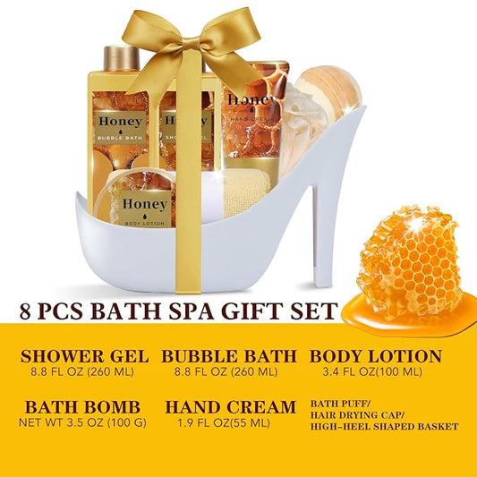 Gifts for Women, Honey Spa Gift Basket for Women, Bath Set with Golden Bath Bombs & Skin-Repairing Butter, Anniversary Gifts for Her, Wife, Girlfriend
