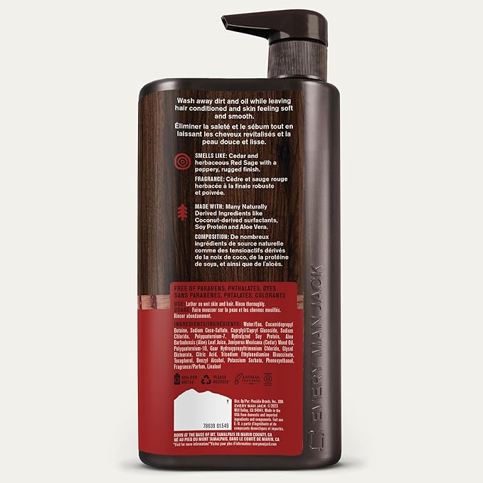 Every Man Jack Cedar + Red Sage Hydrating Mens 3-in-1 All Over Wash for All Skin and Hair Types - Body Wash, Shampoo and Conditioner with Naturally Derived Ingredients - 28.8oz (2 Pack)