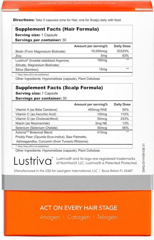Women & Men Hair Growth Supplement, Hair + Scalp Dual Action Nutraceutical, Lustriva™ + Biotin, Men & Women Thinning Hair Supplement, Saw Palmetto, 1 Month Supply