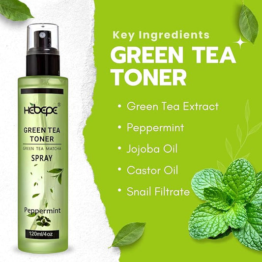 Green Tea Matcha Facial Toner Mist with Peppermint, Refreshing, Moisturizing, and Soothing Face Toner, with Jojoba Oil, Castor Oil, Snail Filtrate,120ml
