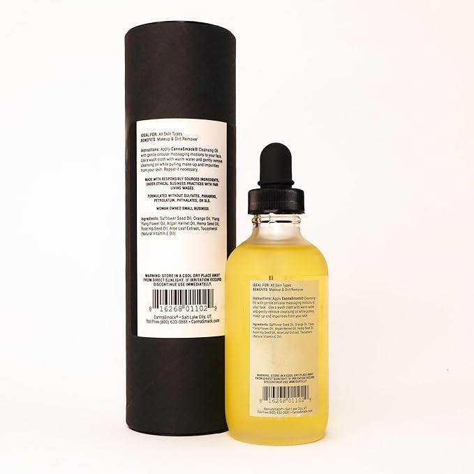 CannaSmack Cleansing Oil - Gentle Daily Face Cleanser & Makeup Remover with Hemp Seed, Argan, & Rosehip - Hydrating, Non-Drying Formula for All Skin Types, 4 oz