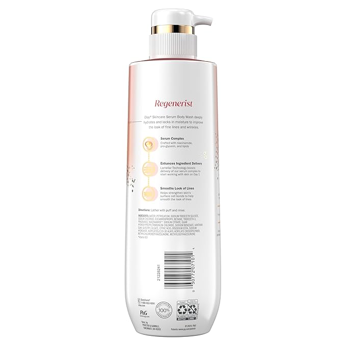 Olay Body Wash for Women, Regenerist Smoothing, Niacinamide Serum Complex, Renews Moisture, Free of Parabens & Phthalates, Vitamin B3 Lameller Technology, For All Skin Types, 20 fl oz (Pack of 4)