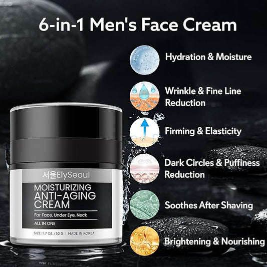 Korean 6 in 1 Face Cream for Men: Anti-Aging Skin Care Facial Moisturizer for Wrinkles Under Eye Bags Dark Circles Puffiness & Firming with Retinol Collagen Peptides Caffeine & Hyaluronic Acid, 1.7 oz