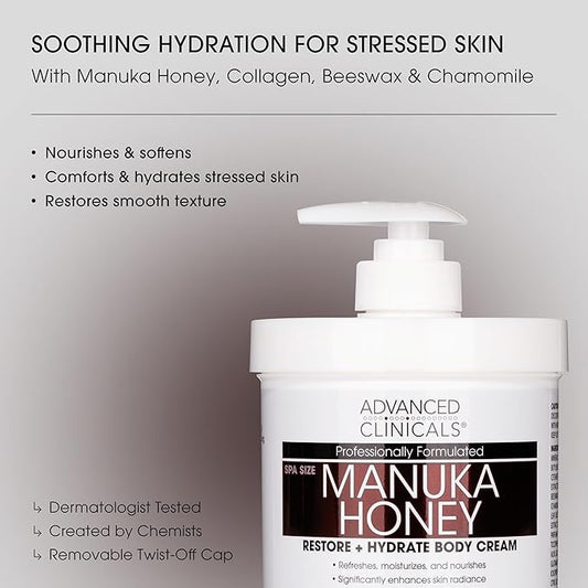 Advanced Clinicals Manuka Honey Body Cream For Women & Men | Body Butter Lotion For Extremely Dry Skin | Collagen Cream | Skincare Moisturizer Hydrating Balm Improves Look Of Aging Skin, 16Oz, 2-Pack