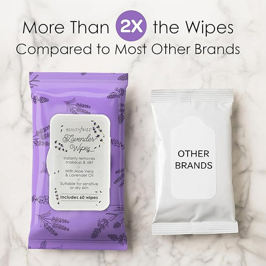 Lavender Face Wipes - 120 pcs - Gentle Makeup Remover Wipes for Women - Facial Cleansing Wipe with Aloe, Castor, Vitamin A and E - Extra Soft - Moisturizing