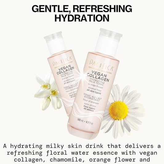Pacifica Vegan Collagen Hydrating Milk Tonic – Alcohol-Free Milky Toner & Essence Moisturizing Vegan Collagen Face Tonic w/Hyaluronic Acid, Chamomile Jasmine All Skin Types Vegan Dermatologist Tested