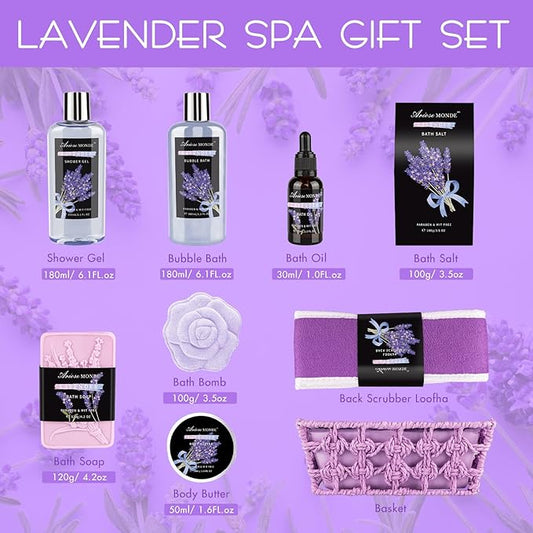 Spa Gift Basket Set, Lavender Home Spa Gifts for Women With Shower Gel, Bubble Bath, Body Butter, Bath Salt, Bomb, Oil, Soap - Gift Idea for Mother, Girlfriend, Wife