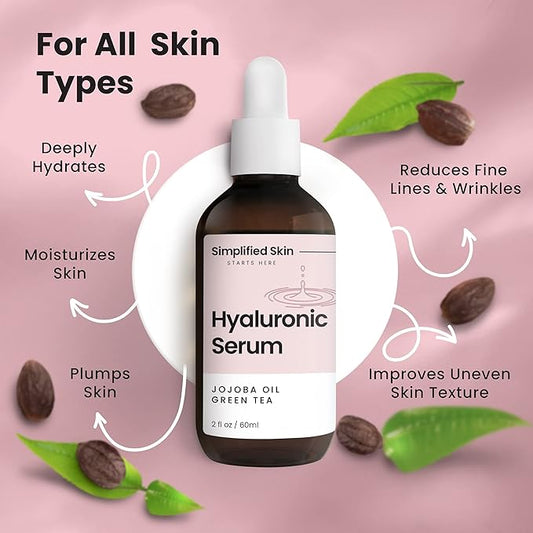 Simplified Skin Hyaluronic Acid Face Serum – Hydrating, Plumping & Youthful Skin - Anti-Aging Formula with Vitamin C, Jojoba Oil & Green Tea – 2 Fl Oz