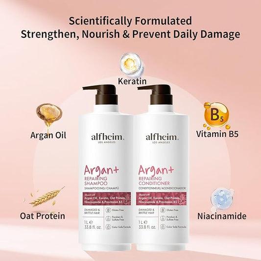 Alfheim Argan Repairing Shampoo & Conditioner Set | Sulfate-Free for Dry & Damaged Hair | Argan Oil, Keratin & Niacinamide Infused to Strengthen & Moisturize, Reduce Breakage & Anti-Frizz | 33.8oz*2