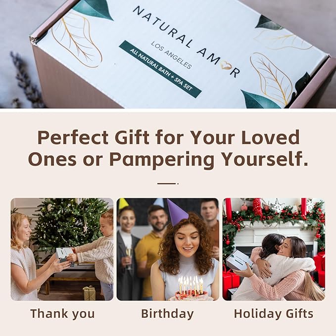 Natural Amor Spa Gifts for Women,Luxurious Rose Scent Bath gift for her, 6pc Bath & Body gift including Soap Bar, Bath Bomb, Bath Salt