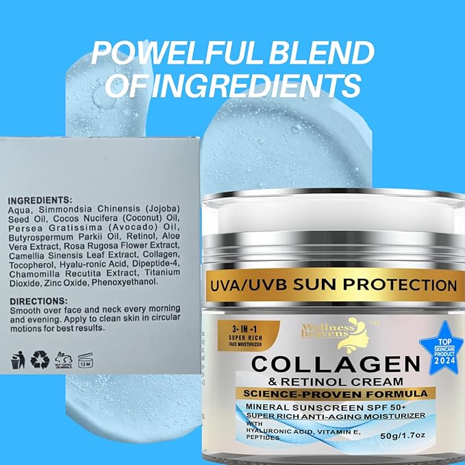 Daily Face Moisturizer with SPF 50 - Retinol, Hyaluronic Acid & Collagen with Age-Defying, Lift & Firm Cream and Sun Protection - Day & Night Repair Moisturizing Anti-Aging Sunscreen Lotion | 1.7oz