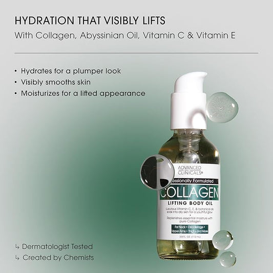 Advanced Clinicals Hydrating Collagen Oil For Body & After Shower | Visible Anti Aging Moisturizing Collagen Body Oil For Women & Men Helps Soften Appearance Of Crepe Skin & Wrinkles, 3.8 Fl Oz, 2pc