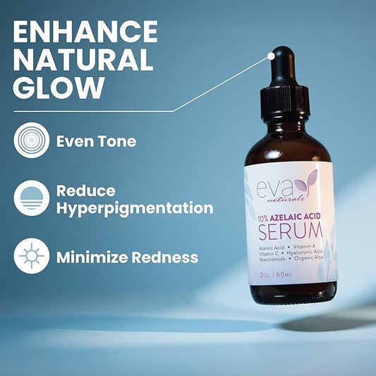 Eva Naturals Azelaic Acid Serum for Face – Niacinamide, Hyaluronic Acid, Vitamins A+C+E – Redness Relief, Dark Spots, Uneven Skin Tone, Texture, Pores, Topical Booster for Clearer, Smoother Skin, 2oz