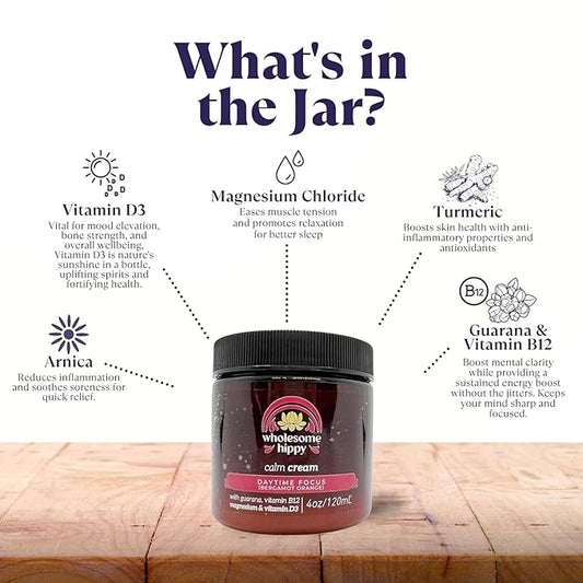 WHOLESOME HIPPY Daytime Focus Calm Cream – Energizing Body Butter with Magnesium, Vitamin B12, Guarana & Bergamot Orange – Moisturizing Wellness Cream for Daily Clarity – 4oz