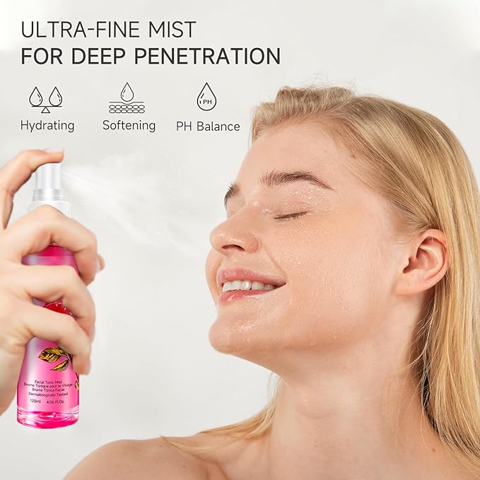 BIOCHEM Rosa Vita Tonic Mist – 3-in-1 Rose Water Toner, Face Mist & Makeup Finishing Spray with Rose Oil & Vitamins B | Hydrating & pH Balancing Mist for All Skin Types (4.05 fl oz / 120 mL)