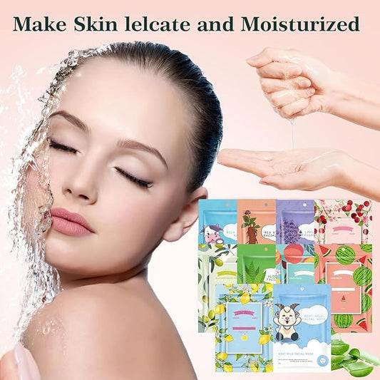 10 Sheets Face Masks Skincare for All Skin Types, Hydrating Face Masks Suitable for Sensitive Skin,Watermelon, Aloe Vera, milk, Goat, Peach, Bulk Facial Masks for Women