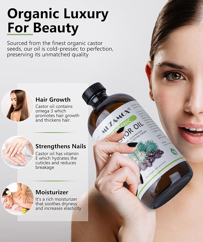 Castor Oil Organic Cold Pressed Unrefined Glass Bottle, 100% Pure and Hexane Free, Ideal for Castor Oil Pack, Skin Care, and Hair Growth, 16 Fl Oz