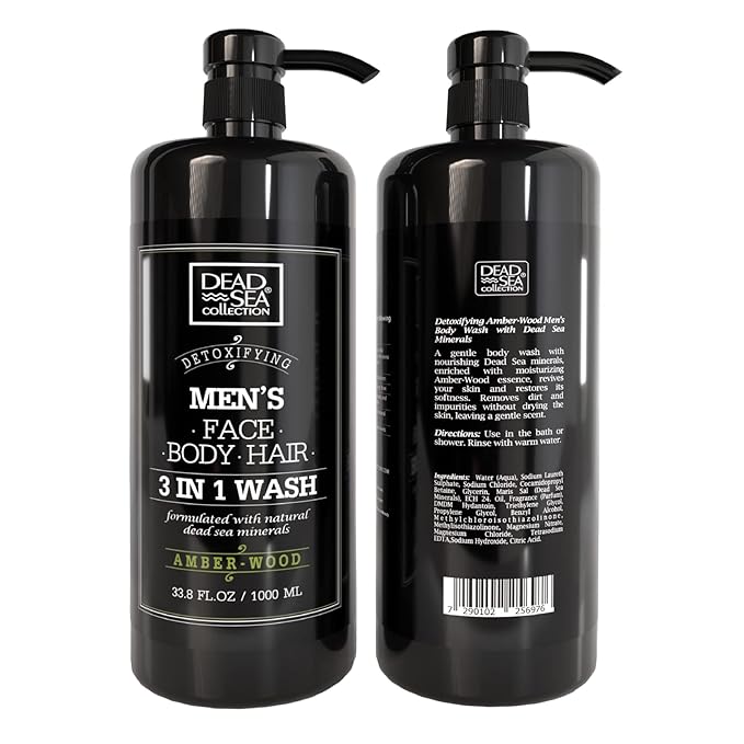 Dead Sea Collection Mens Body Wash 3 in 1 – Amber Wood Body Wash for Men – Shower Gel – Shampoo – Shower Soap for Face and Hair – Pack of 2 Bottles (33.8 Fl. Oz. Each)