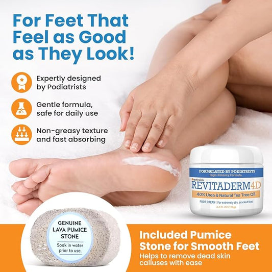 Revitaderm 4D Urea Cream 40% for Feet, Intensive Moisturizing Foot Cream for Dry, Rough, Callused Skin, Includes Free Pumice Stone and Exfoliating Brush, Fast-Absorbing, Fragrance-Free, 4oz, 5 Pack