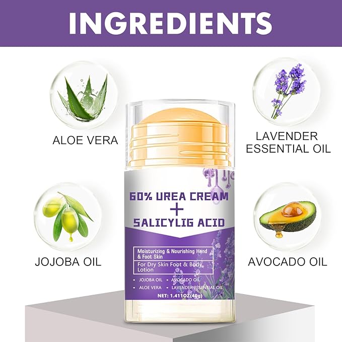 60% Urea Cream - 1.41 oz Lavender Foot Hand Cream Stick for Dry & Cracked Feet Elbows Knees Heels Hands, Hydrates & Nourish Foot Care for Softening and Moisturizing, Removing Calloused Skin