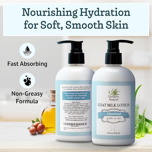 Southern Natural Goat Milk Lotion – Nourishing Face, Body & Hand Moisturizer for Dry & Sensitive Skin - Hydrating Cream, Gentle Skincare for Soft & Smooth Feel - Unscented 12oz