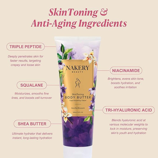 Nakery Skin Toning Body Butter for Women - Firming Body Lotion for Women - Peptide Infused Body Lotion for Crepey & Sagging Skin - Firming Lotion for Neck, Arms & Legs - Vanilla Blossoms