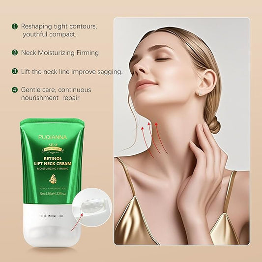 Retinol Neck Cream with Roller - AH8 Lift Firming Cream for Crepey Skin, Hyaluronic Acid Moisturizer for Face, Neck & Body, Tightening & Lifting Treatment for Wrinkles & Lines 4.23oz