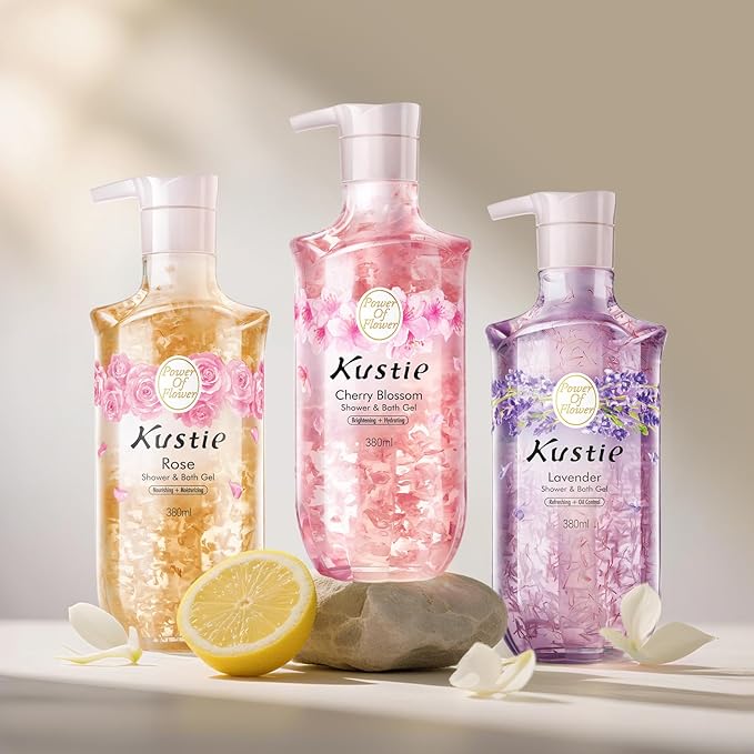 Kustie Rose Anti-Aging Body Wash, Real Petals & Rose Oil, 24H Fragrance & Deep Moisturizing, Clear Free Radicals Cleanse Perfume Shower Gel for Dry & Mature Skin with Pump Bottle, 12.8 fl oz