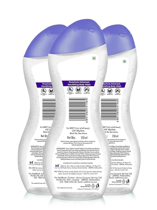 Parachute Advansed Nourishing Body Wash with Natural Coconut Milk & Cocoa Butter| Nourishes & Hydrates Skin| For Soft, Supple, Moisturized Skin | 100% Soap Free| 8.4 Fl oz PACK OF 3