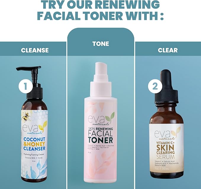 Eva Naturals Witch Hazel Face Toner – Hydrating & Clarifying Toner with Glycolic Acid, Vitamin C & Aloe for Acne, Oily, Dry & Sensitive Skin, Pore Tightening Facial Mist for Balanced Glow (4oz)