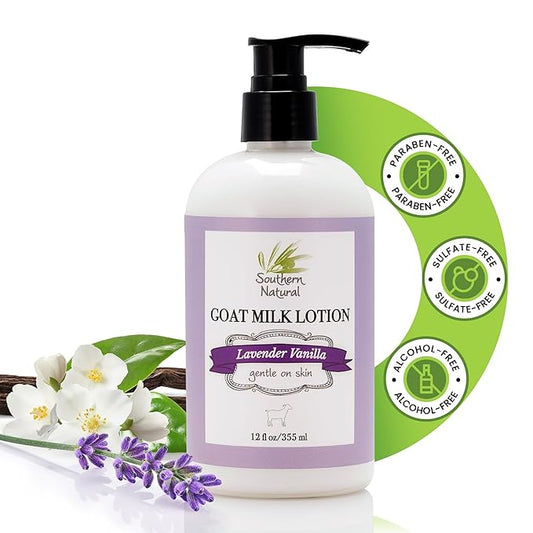 Southern Natural Goat Milk Lotion – Nourishing Face, Body & Hand Moisturizer for Dry & Sensitive Skin - Hydrating Cream, Gentle Skincare for Soft & Smooth Feel - Lavender Vanilla Scent - 12oz