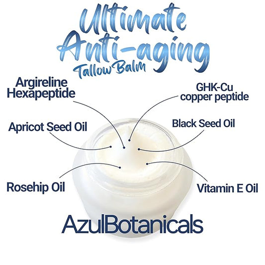 Ultimate Anti-Aging Tallow Balm Made with Organic Ingredients and Infused with Copper Peptide (GHK-Cu) and Argireline Hexapeptide, Black Seed Oil, Apricot Seed Oil