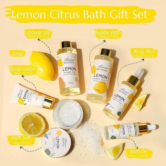 Lemon Scent Bath Spa Gift Box Set for Women - Shower Gel, Bubble Bath, Body Cream, Soap, Salt, Essential Oil