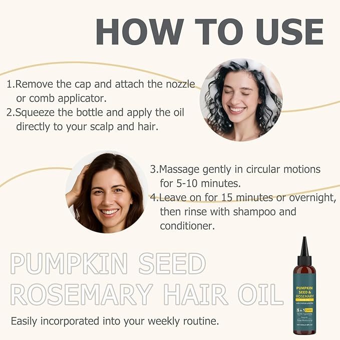 Rosemary Seed Hair Oil With Castor & Biotin, 5-in-1 Treatment For Hair Growth, Deep Moisturizing & Nourishing, Scalp Care With Ginger & Jojoba Oils, 100mL + Applicator Kit(100ml)