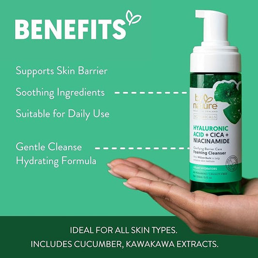 By Nature Foaming Cleanser with Hyaluronic Acid + Cica - Hydrating Face Cleanser For Bright and Fresh Skin - Skincare from New Zealand - 5 fl.oz