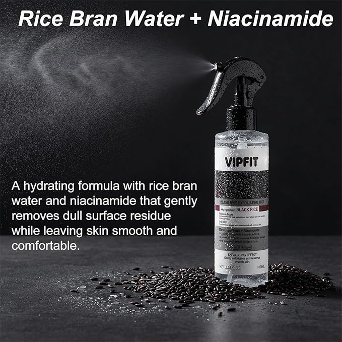 Rice & Black Rice Exfoliating Mist Set – Gentle Hydrating Skin Renewal Duo with Niacinamide, Hyaluronic Acid & Rice Extract, Face and Body Care Gift Set (Black & Rice)