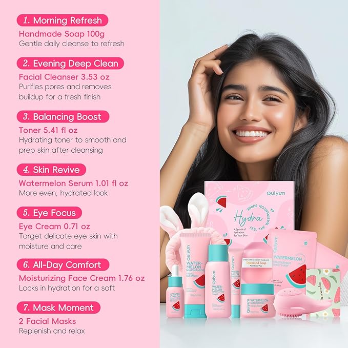 Watermelon Skin Care Kit for Girls Teen, 7 Daily Routine Beauty Skincare Sets- Gift Set with Facial Cleanser, Toner, Eye Cream, Cream, Serum, Facial Mask, Handmade Soap, Face Care Set for Travel