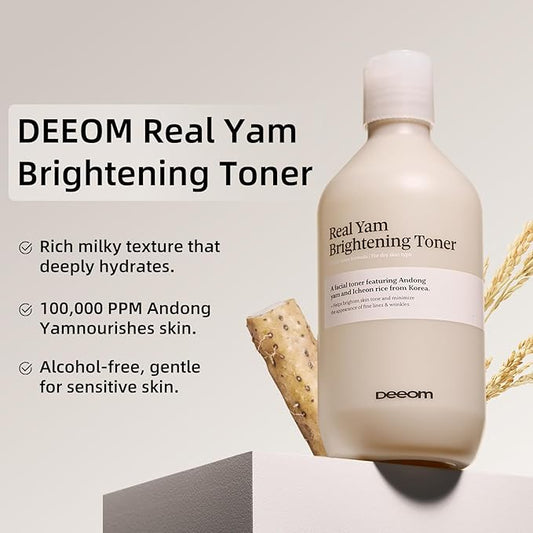 DEEOM Real Yam Brightening Toner, Hydrating Milky Toner for Face with Rice Water, Yam Extract & Niacinamide, Korean Moisturizing Facial Toner, Alcohol Free, Glow Enhancing, 300ml