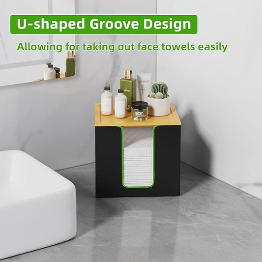 VITVITI Disposable Face Towel Holder Containers, Metal Iron Facial Clean Towels Box for XL Clean Skin Club, Large Capacity With Bamboo Lid for Bathroom, Black
