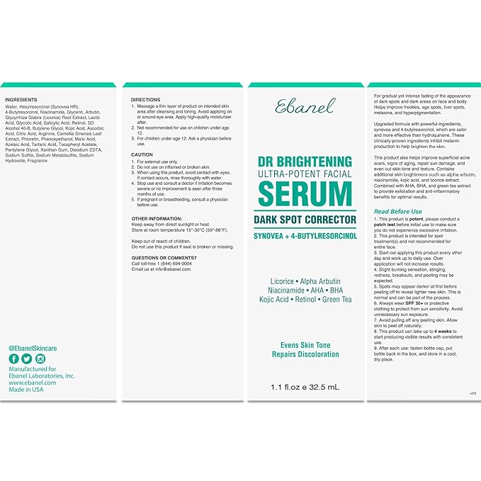 Ebanel Dark Spot Remover for Face & Body, Brightening Serum with Synovea HR, Alpha Arbutin, Niacinamide, Kojic Acid, Dark Spot Corrector for Hyperpigmentation, Discoloration, Melasma and Age Spots