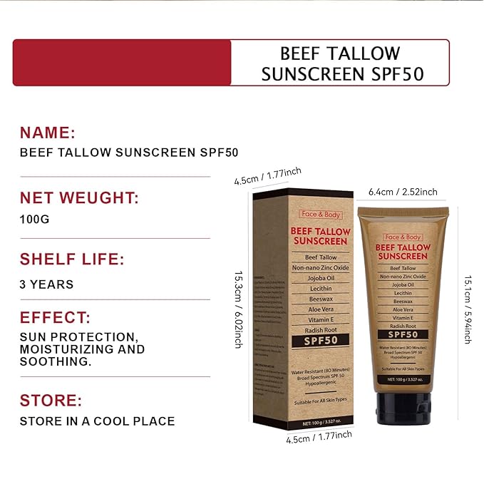 Beef Tallow Sunscreen for Face & Body - Natural Reef Safe Sunblock, Non Greasy Clean Formula, Travel-Friendly Summer Outdoor Sun Protection, 2.46 OZ